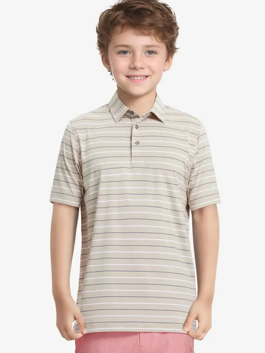 Half-body front view of child in LIGHT KHAKI STRIPE Kids Stylish Stripe Polo Shirt.