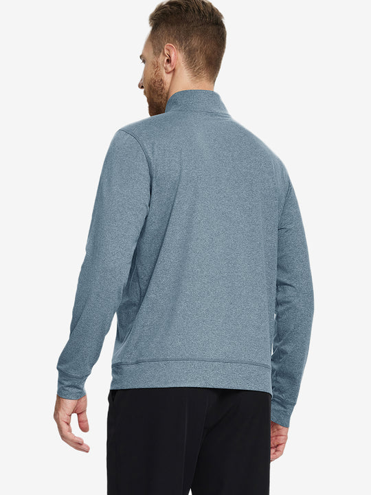 Back view of model wearing quarter zip melange pullover saxony blue melange.