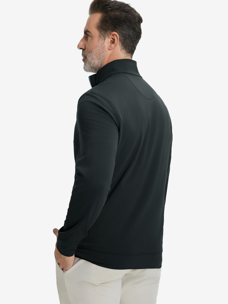 Back upper body view of the dark grey lightweight golf pullover, model turns head slightly with ease.
