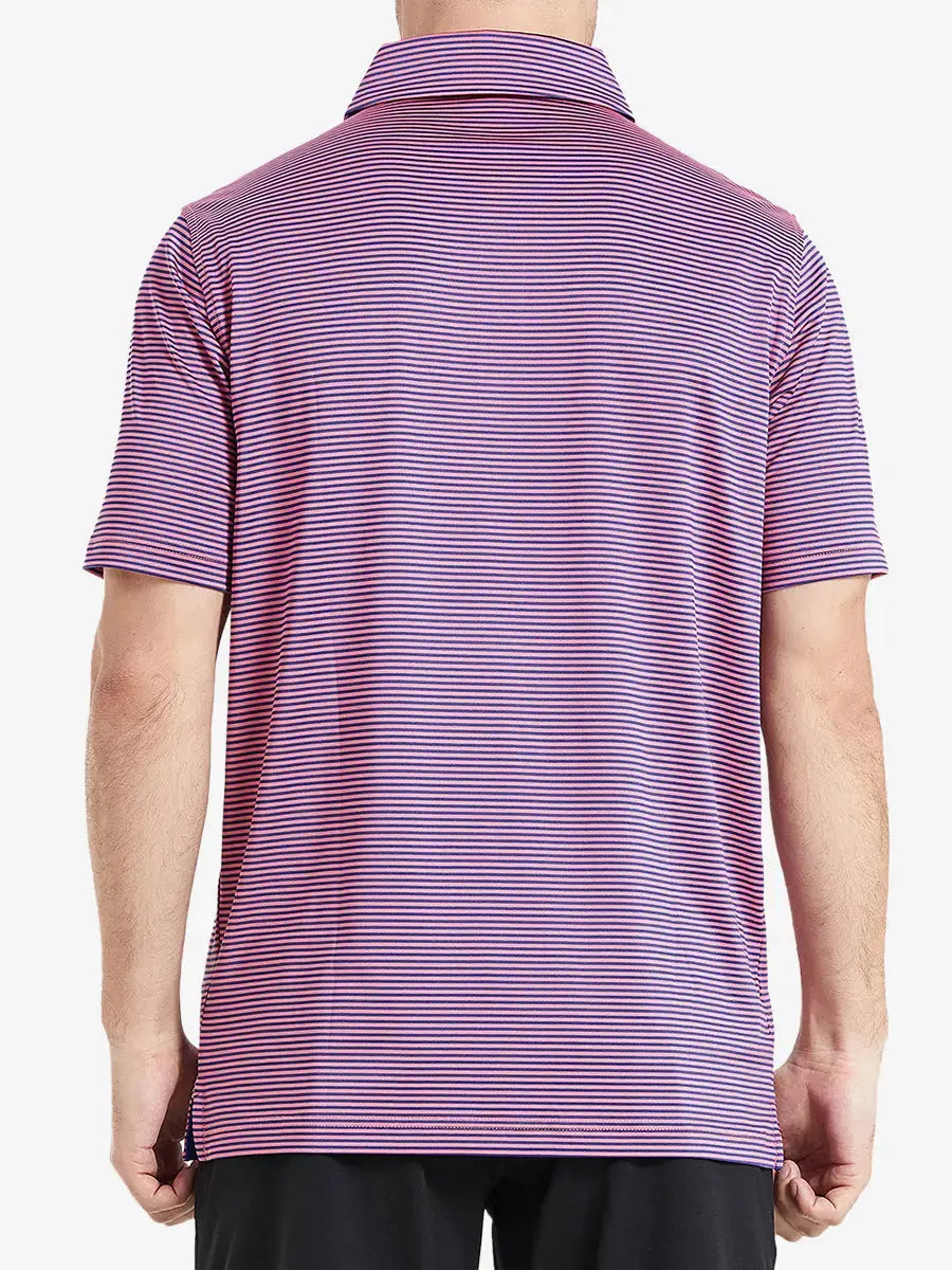Rear half-body shot of Cooling Stripe Golf Shirt in PINK BLUE STRIPE, showcasing stripe alignment and fit