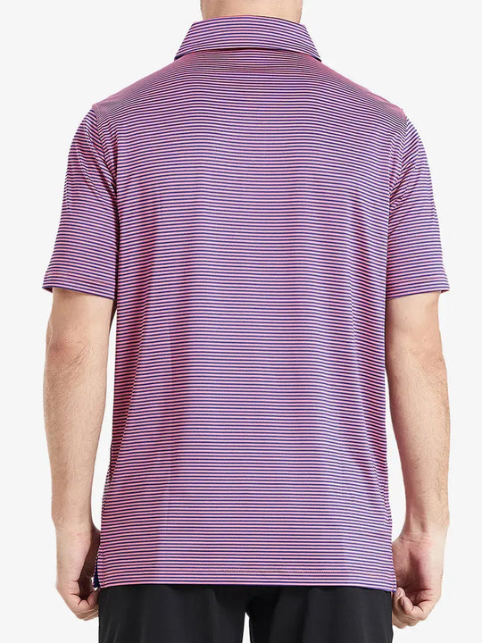 Rear half-body shot of Cooling Stripe Golf Shirt in PINK BLUE STRIPE, showcasing stripe alignment and fit