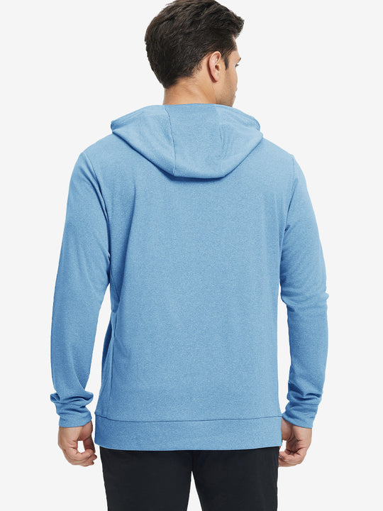 Back upper body view of the light blue melange classic heather hoodie, model turns head slightly with ease.