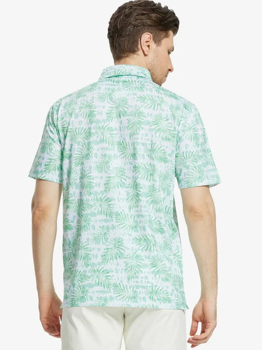Back view of MAELREG Men's Performance Jersey Print Polo in Light Green Leaf – athletic fit