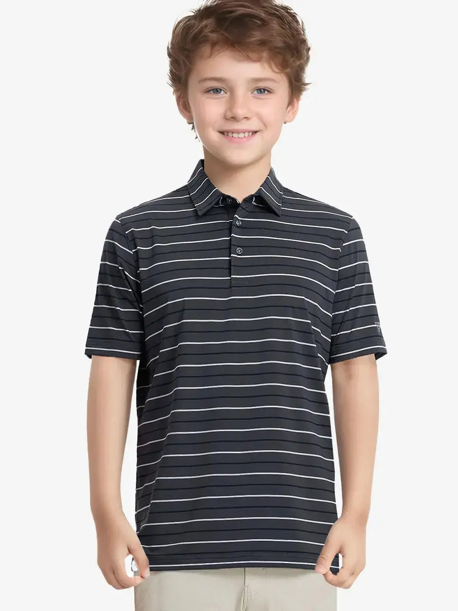 Half-body front view of child in DARK GREY STRIPE Kids Stylish Stripe Polo Shirt.