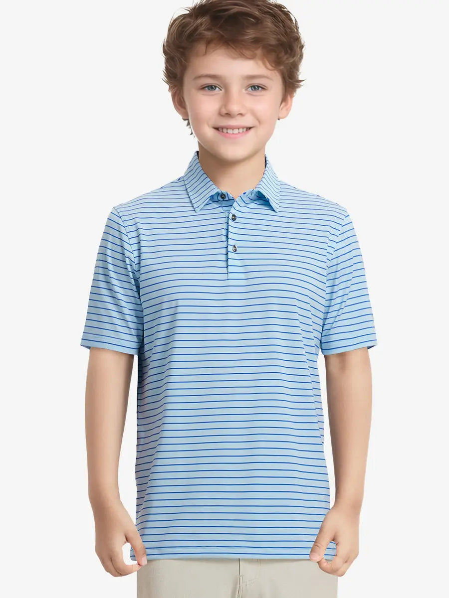 Half-body front view of model in LIGHT BLUE/COBALT STRIPE Youth Performance Golf Polo.