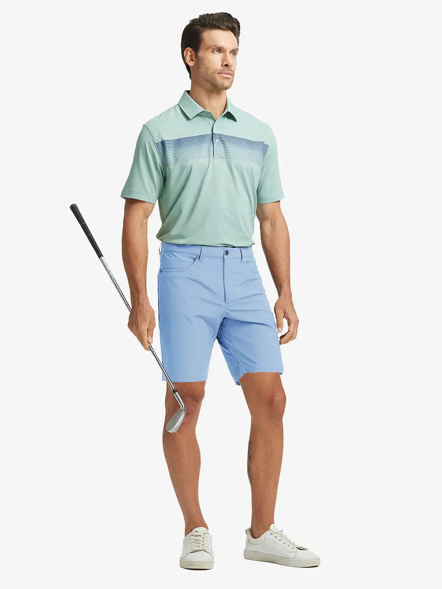 LIGHT BLUE 4-way Stretch Performance Solid Shorts, golfer full-body front with club, 9 Inch length
