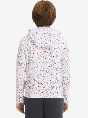 Back upper body view of model wearing youth full print stylish hoodies pullover, white polka dots.