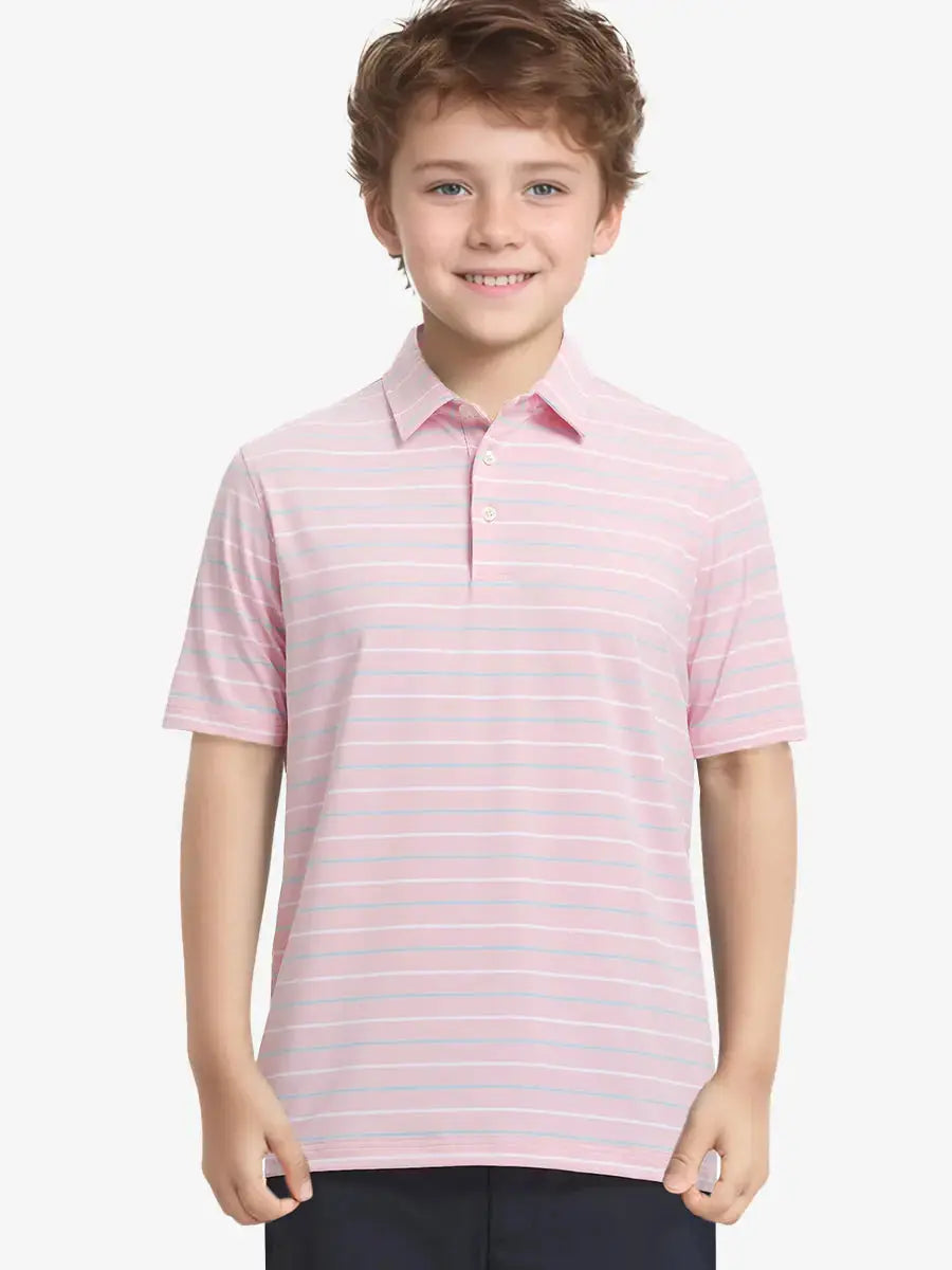 Half-body front view of child in LIGHT PINK STRIPE Kids Stylish Stripe Polo Shirt.