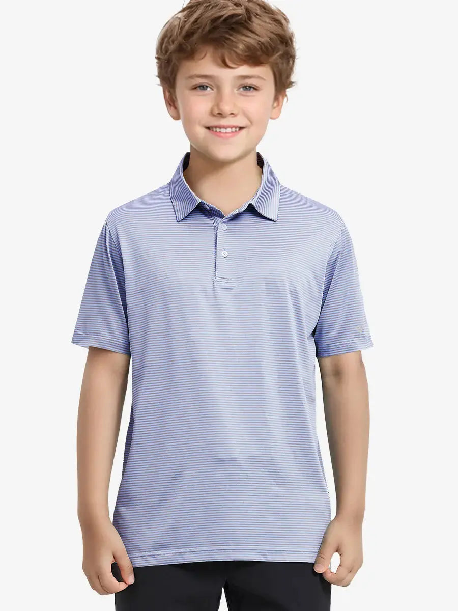 MAELREG Youth Polo – half-body front view, neutral pose in BluishYellow Stripe