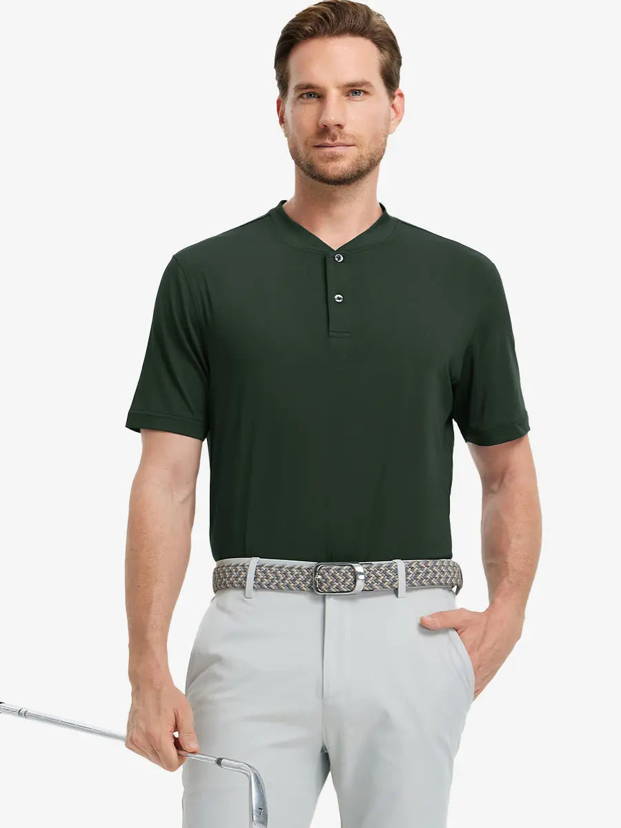 Front half-body view holding a golf club in Everyday Collarless Jersey Shirt in OLIVE GREEN.