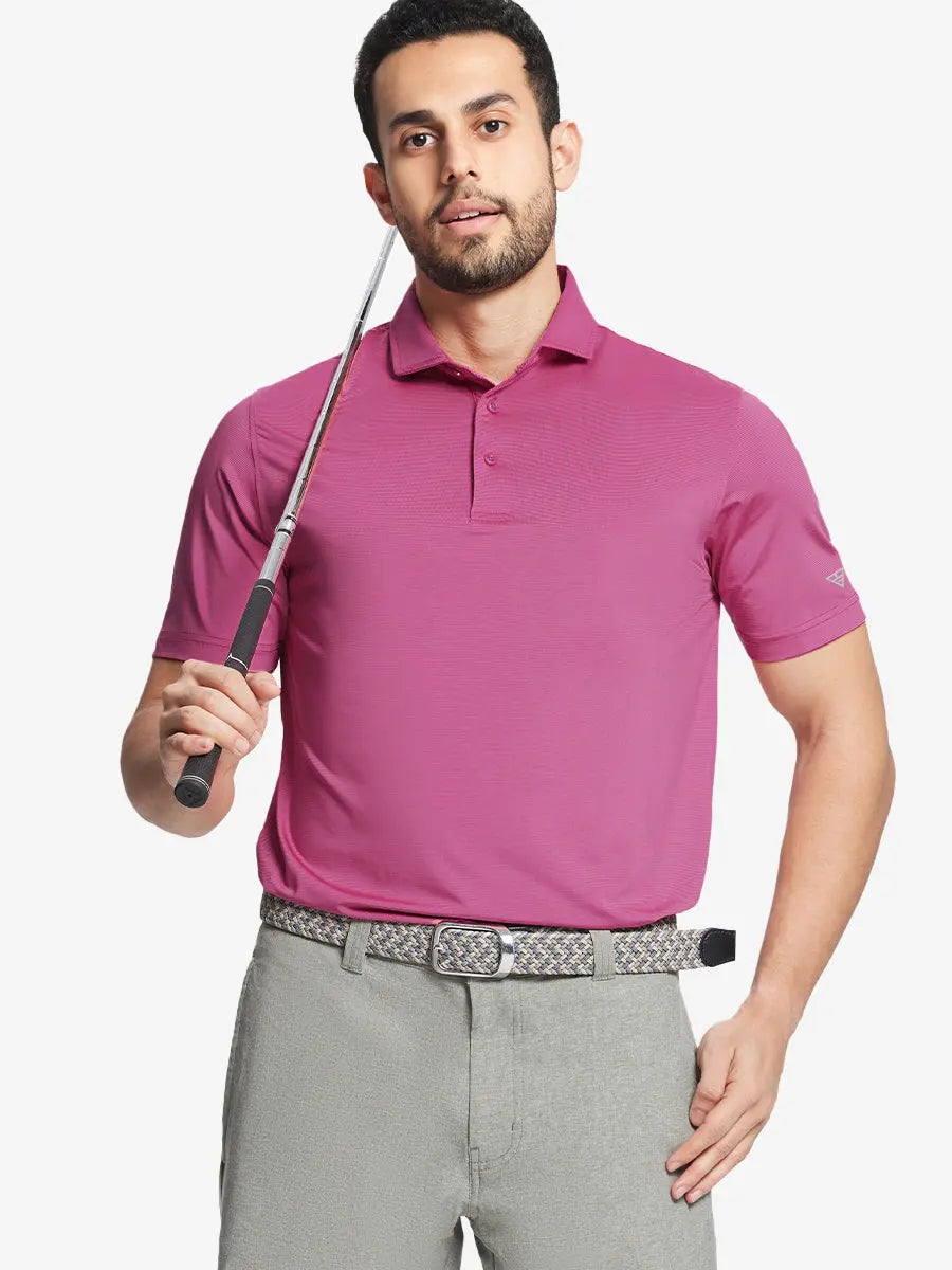 Model in ROSE STRIPE Pinstripe Jersey Performance Polo holding golf club, front half-body view								
