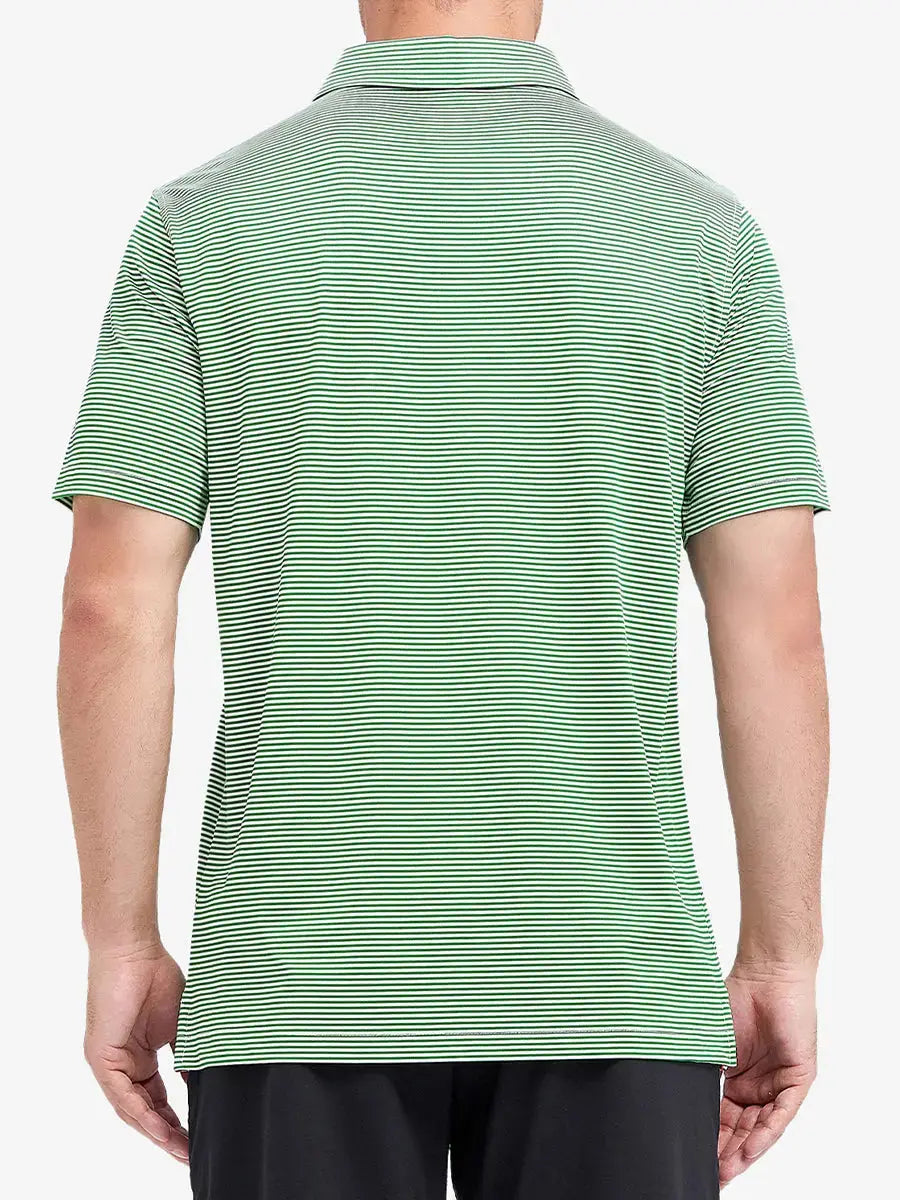Rear half-body image revealing clean back profile and bold emerald stripe layout – Cooling Stripe Golf Shirt