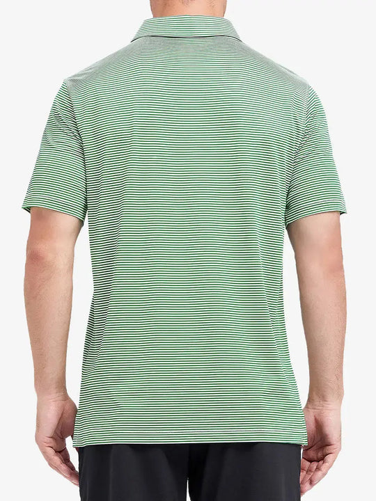 Rear half-body image revealing clean back profile and bold emerald stripe layout – Cooling Stripe Golf Shirt