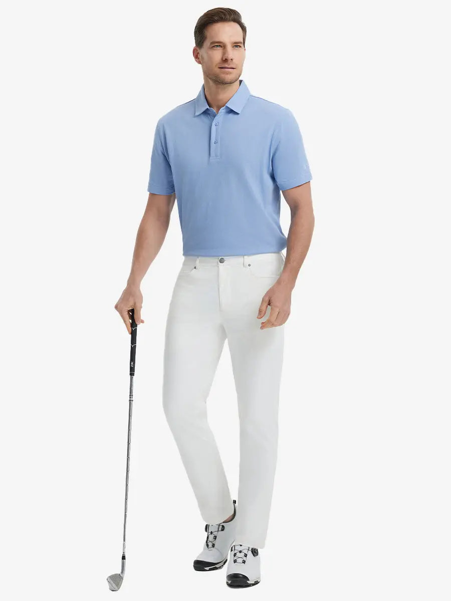 Full-body front shot with golf club, styled in Stretch Plain Everyday Pants – WHITE