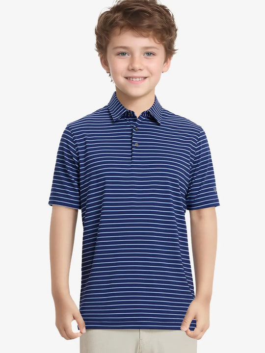 Half-body front view of model in NAVY/SKY BLUE STRIPE Youth Performance Golf Polo.
