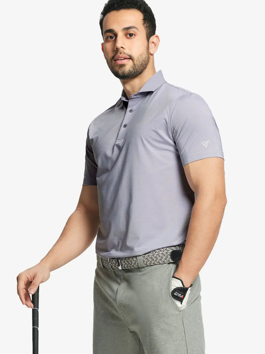 Model in GREY WHITE STRIPE Pinstripe Jersey Performance Polo holding golf club, front half-body view								
