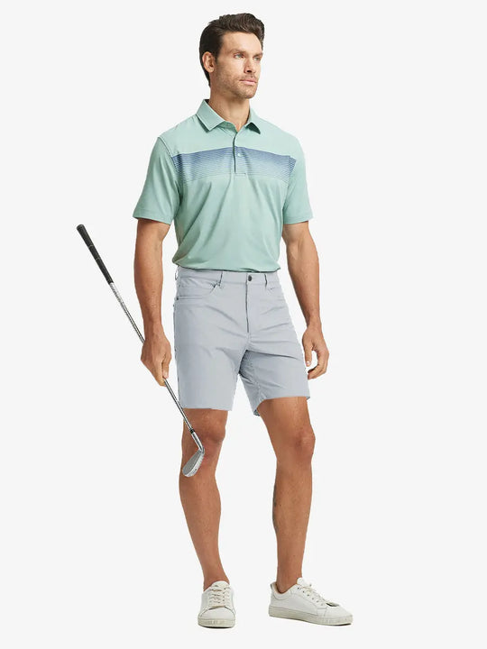 GLACIER GREY 4-way Stretch Performance Solid Shorts, golfer full-body front with club, 7 Inch length