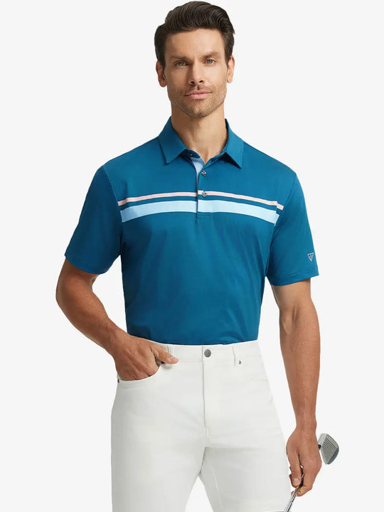 Model holding golf club in DUSTY BLUE Chest Print Polo Shirts