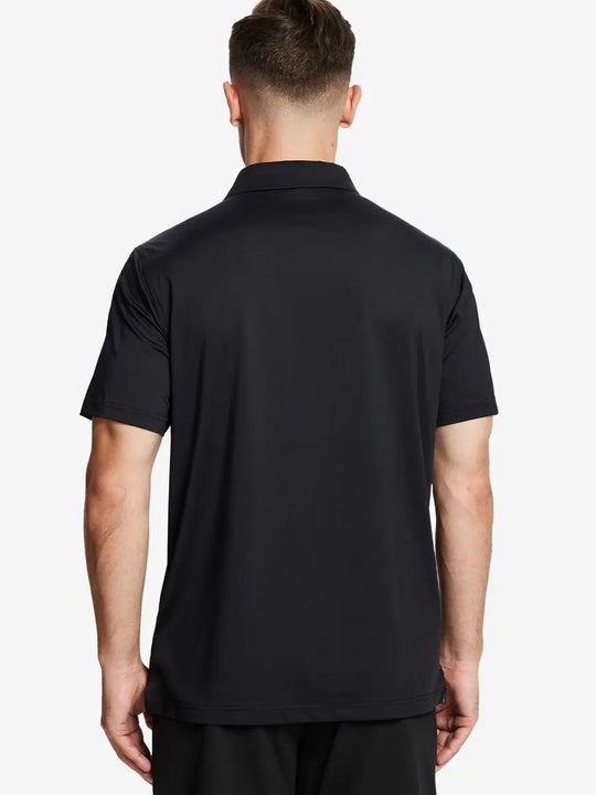 Back half-body view of male model wearing the Black Everyday Classic Solid Polo