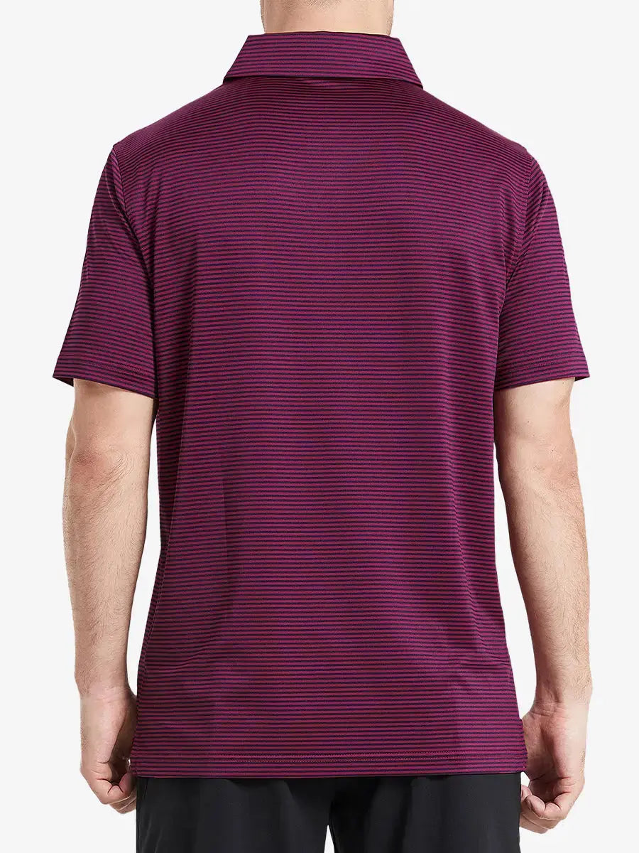 Back half-body view of MAROON STRIPE shirt, showing fit and stripe alignment