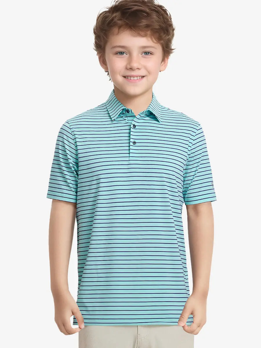 Half-body front view of model in TURQUOISE/NAVY STRIPE Youth Performance Golf Polo.
