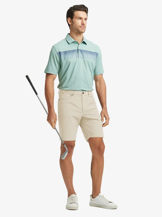 LIGHT KHAKI 4-way Stretch Performance Solid Shorts, golfer full-body front with club, 9 Inch length