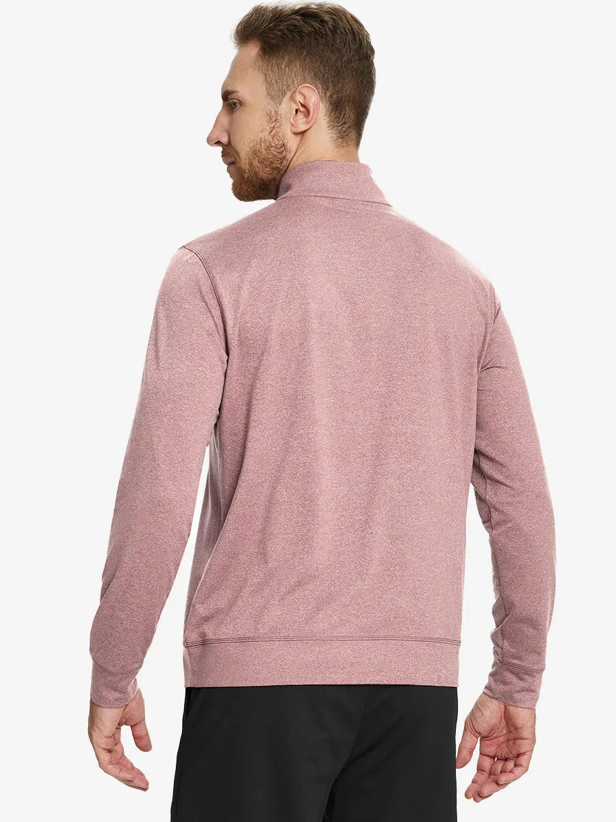 Back half-body view of model in PINK HEATHER Quarter Zip Melange Pullover highlighting smooth fit.
