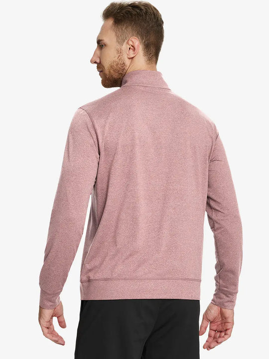 Back half-body view of model in PINK HEATHER Quarter Zip Melange Pullover highlighting smooth fit.