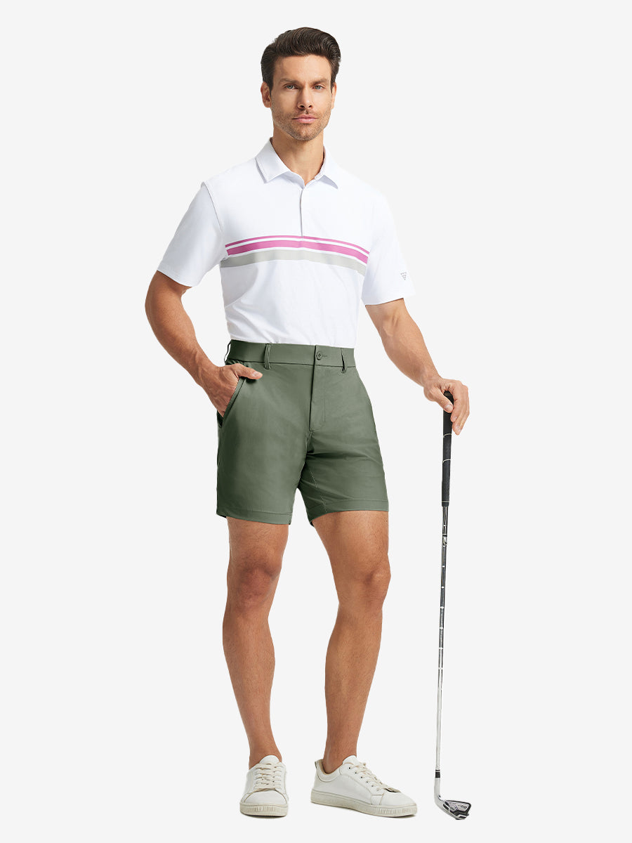 Full-body shot of model holding golf club, styled with Olive Green Quick Dry Casual Shorts.