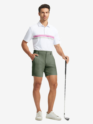 Full-body shot of model holding golf club, styled with Olive Green Quick Dry Casual Shorts.