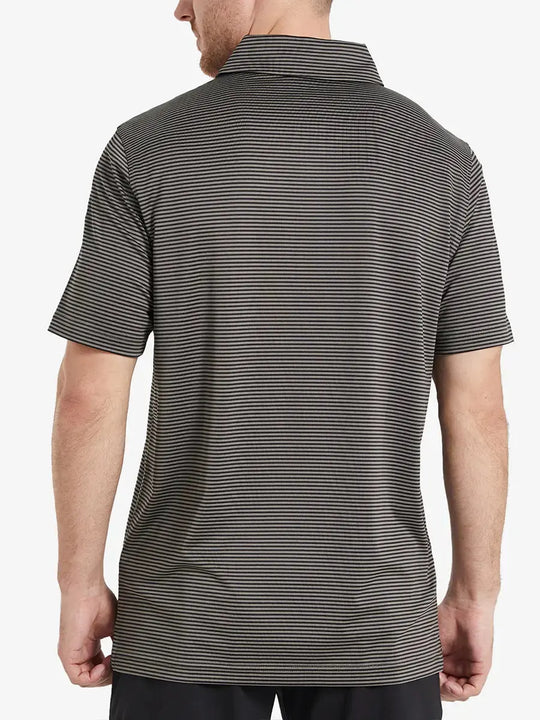 Rear half-body view showcasing back design and stripe alignment of Cooling Stripe Golf Shirt – BLACK STRIPE