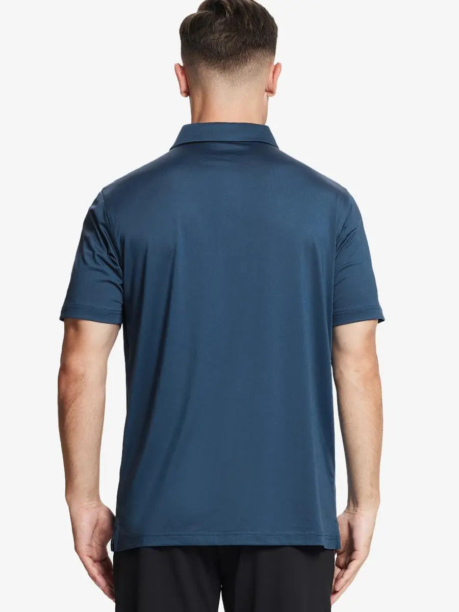 Back half-body view of male model wearing the Blue Everyday Classic Solid Polo