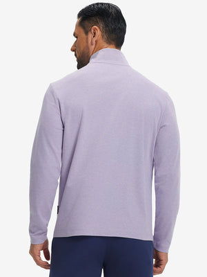Back view showing fit of two tone pique cotton blend q-zip in lanvender