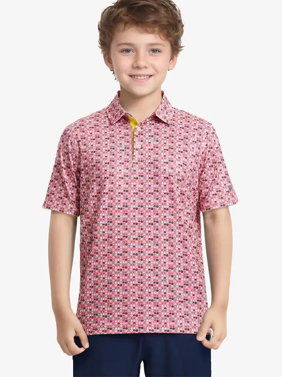 Boy holding golf club in PINK DONUT golf polo — fun meets performance on the course