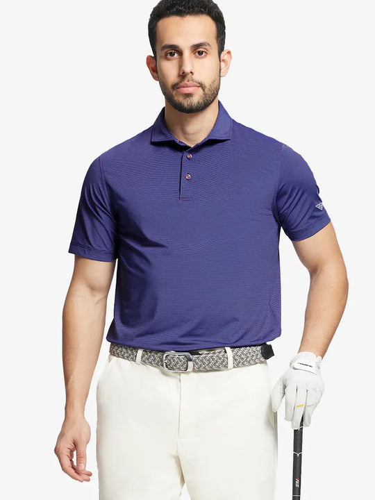 Model in PLUM BLUE STRIPE Pinstripe Jersey Performance Polo holding golf club, front half-body view								
