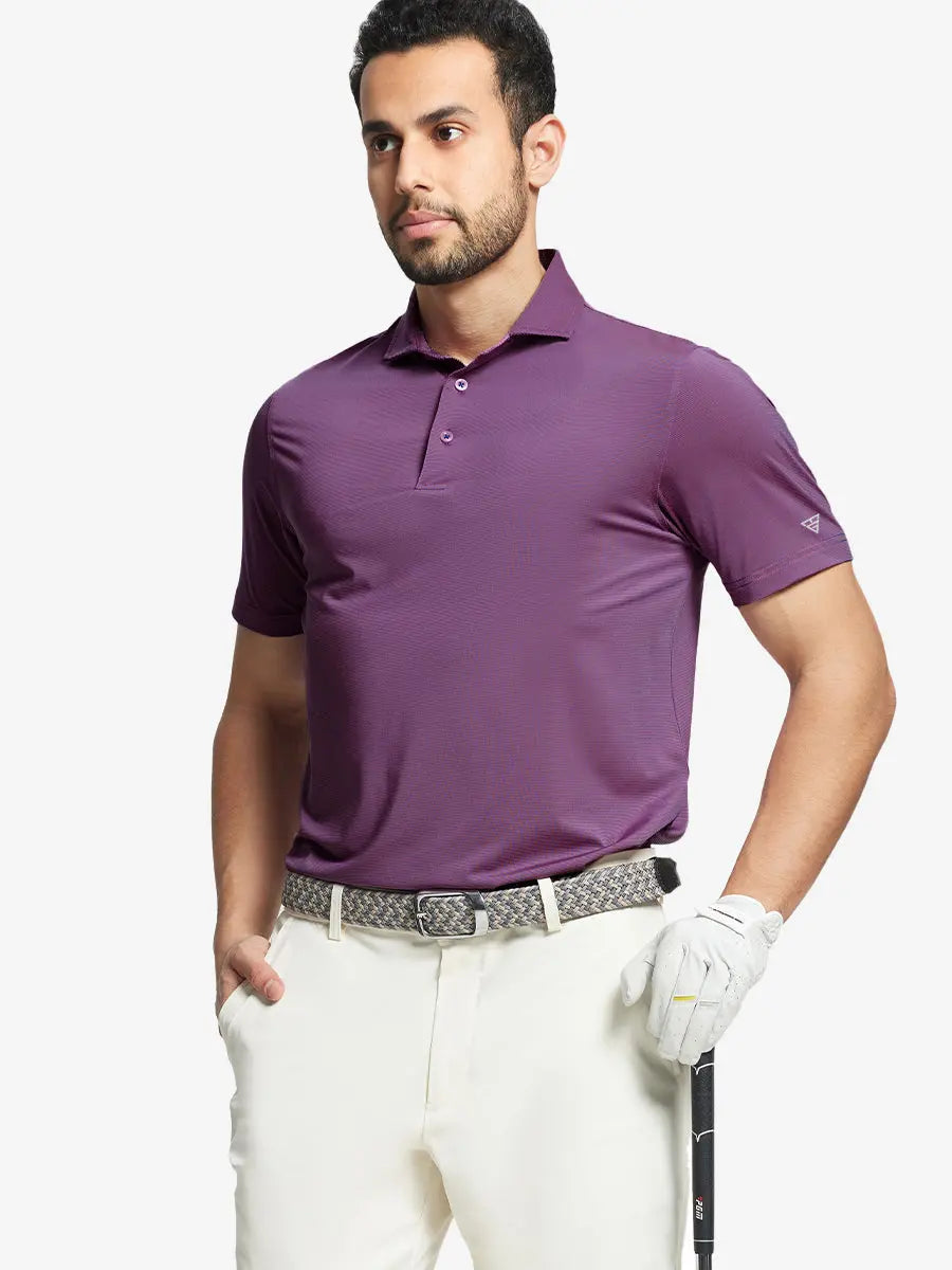 Model in PINK BLUE STRIPE Pinstripe Jersey Performance Polo holding golf club, front half-body view								
