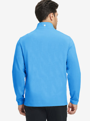 Back view of lightweight casual fleece jacket with 5 pockets, model in sky blue, relaxed fit