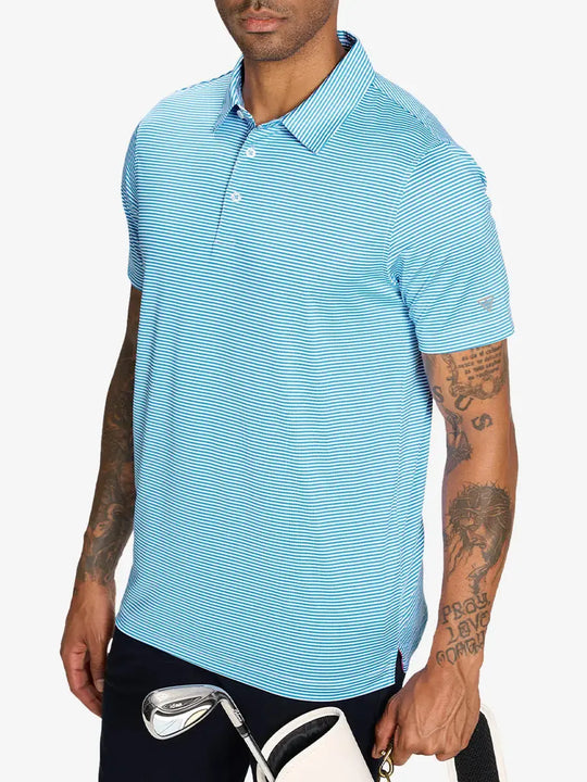 Model wearing Cooling Stripe Golf Shirt in SKY BLUE STRIPE, half-body front view with relaxed pose