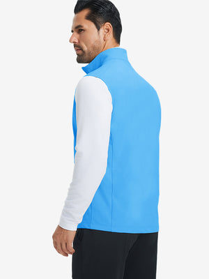 Back view of water-resistant fleece golf vests showing smooth fleece texture in sky blue