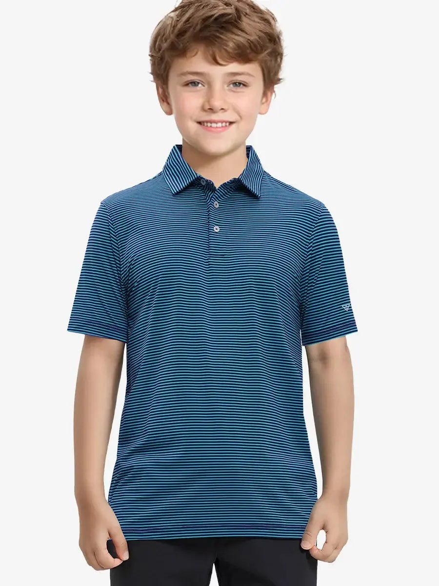 MAELREG Youth Polo – half-body front view, neutral pose in Turquoise Stripe