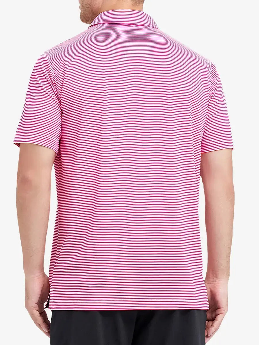 Rear half-body shot of Cooling Stripe Golf Shirt in ROSE STRIPE, showcasing stripe alignment and fit
