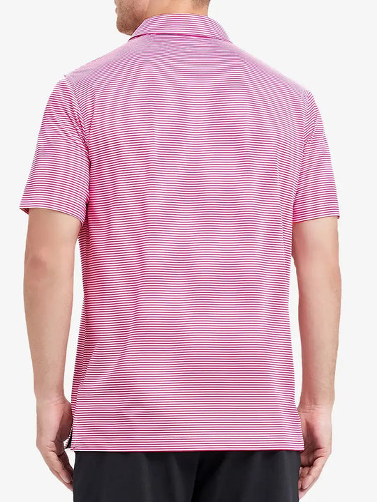 Rear half-body shot of Cooling Stripe Golf Shirt in ROSE STRIPE, showcasing stripe alignment and fit