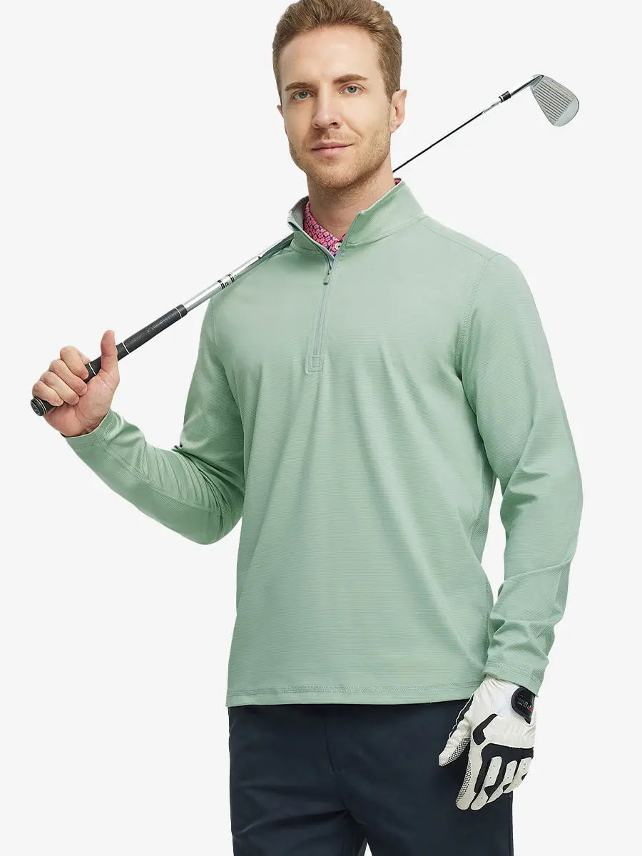 Half-body front view of model holding golf club in Pinstripe Quarter Zip Pullover – BERYL GREEN MELANGE