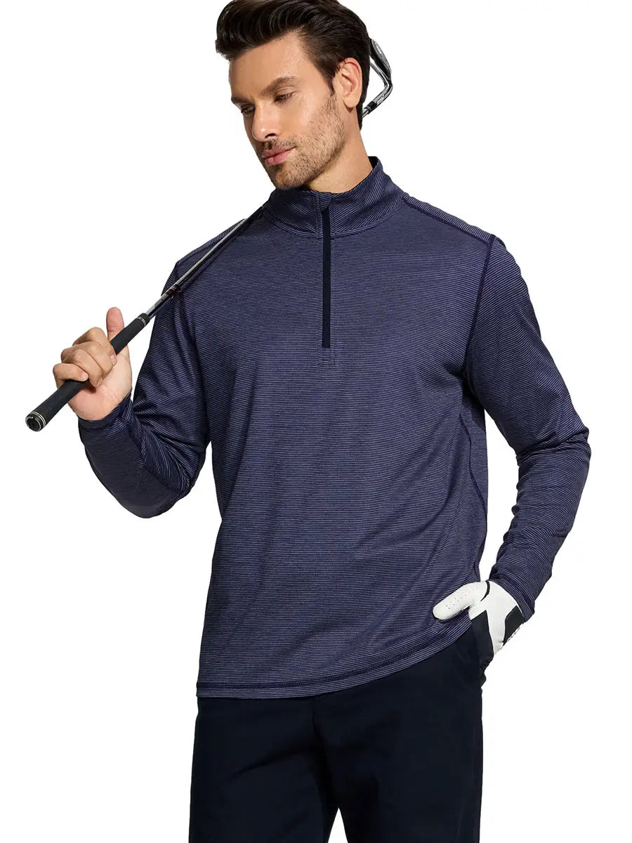 Half-body front view of model holding golf club in Pinstripe Quarter Zip Pullover – NAVY MELANGE