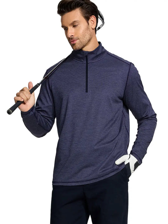 Half-body front view of model holding golf club in Pinstripe Quarter Zip Pullover – NAVY MELANGE