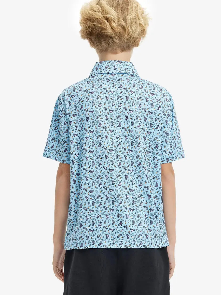 Back half-body view of boy wearing BLUE TRIATHLON Performance Print Boys Golf Polo outdoors