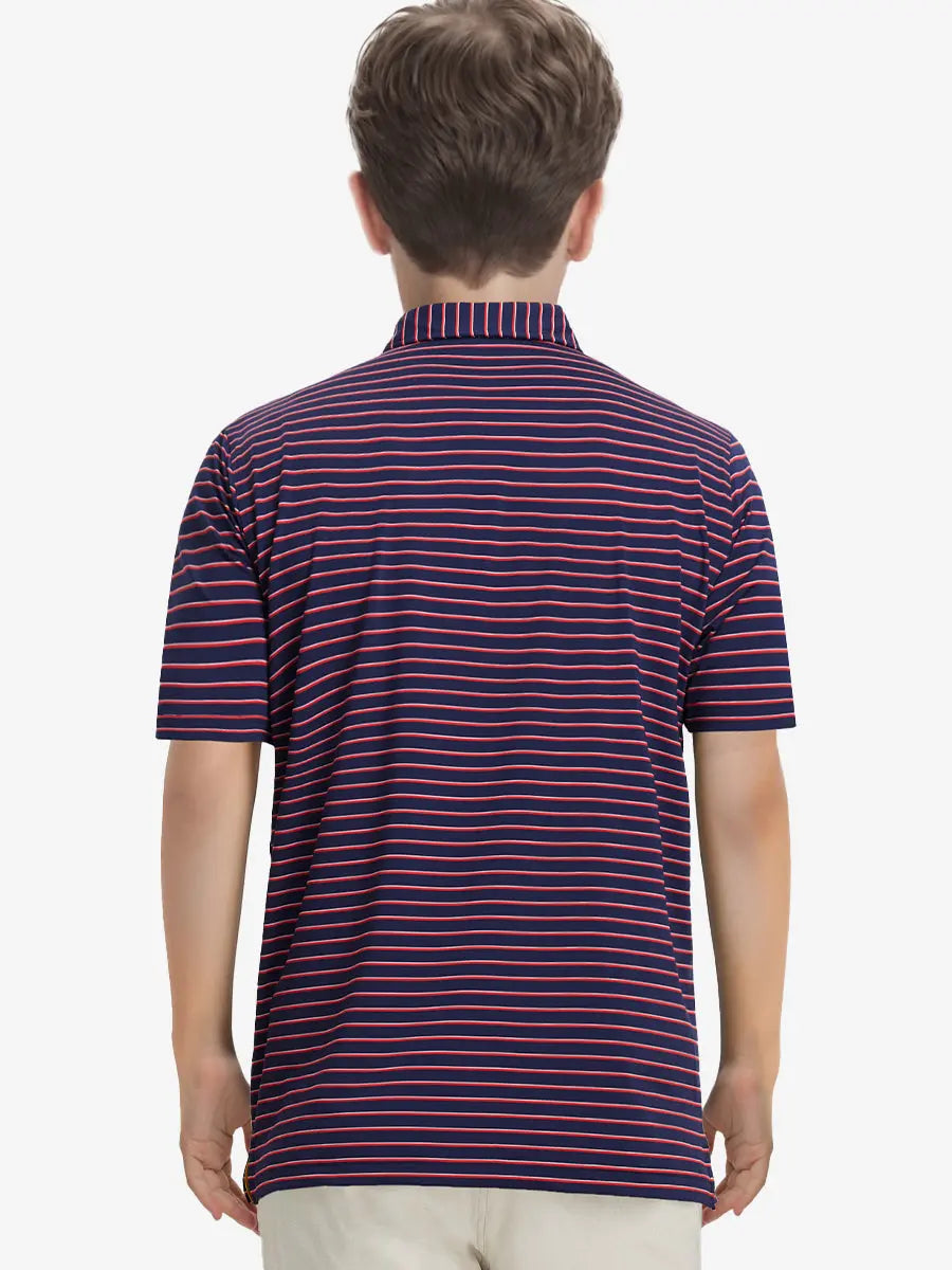 Back half-body view of model wearing NAVY/RED STRIPE Youth Performance Golf Polo.