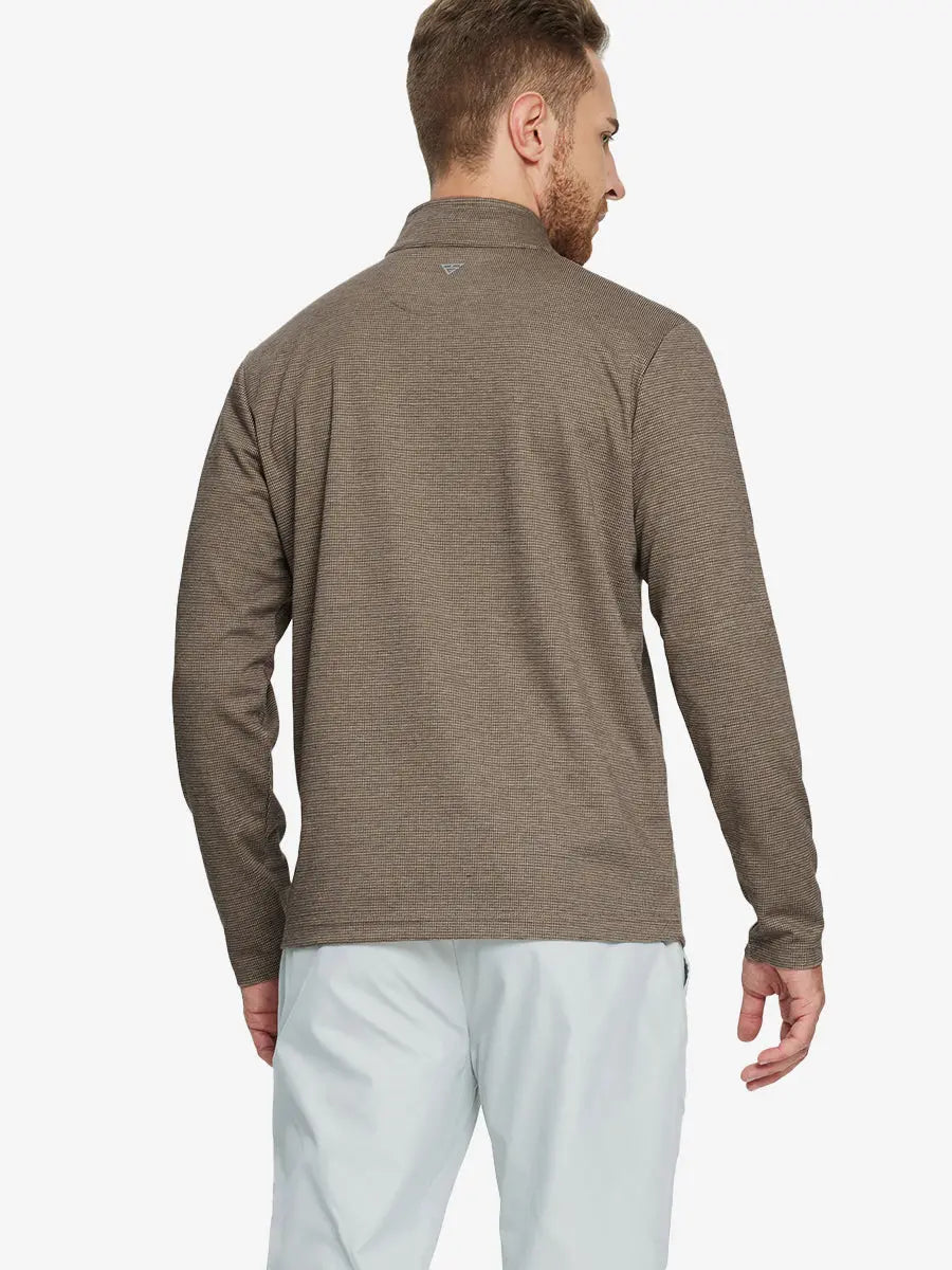 Back half-body view of model in BROWN HOUNDSTOOTH Premium Jacquard Quarter Zip Pullover.								
