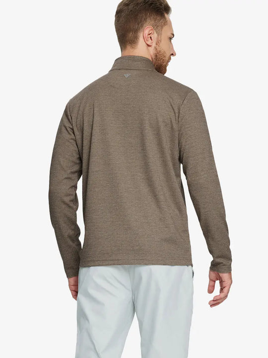 Back half-body view of model in BROWN HOUNDSTOOTH Premium Jacquard Quarter Zip Pullover.								
