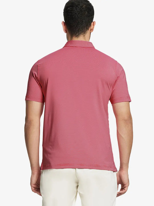 Back half-body view of ORANGE PURPLE STRIPE Pinstripe Jersey Performance Polo worn by model								
